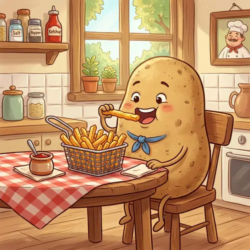 Potato Character Eating French Fry - Cartoon Setting