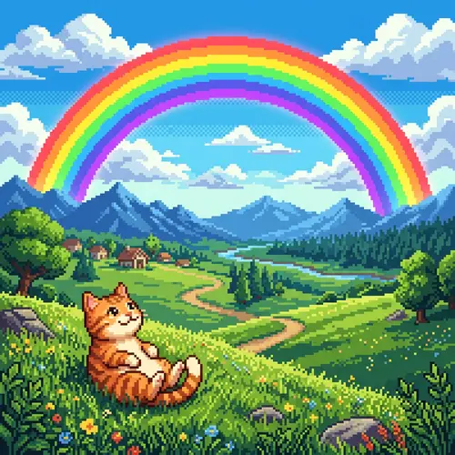 Pixelated Cat Under a Rainbow - Charming Scene