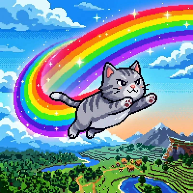 Pixelated Grey Cat Flying with Rainbow Pixelated Grey Cat Flying with Rainbow
