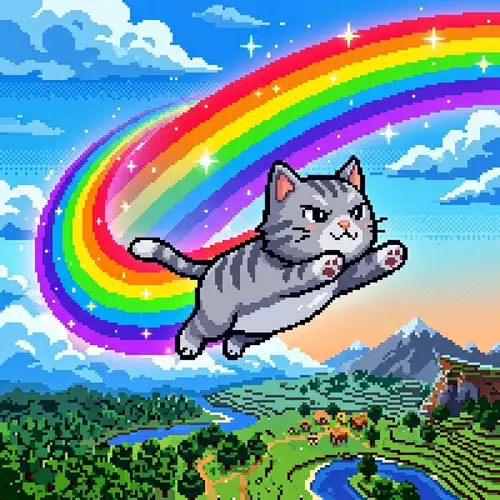 Pixelated Grey Cat Flying with Rainbow