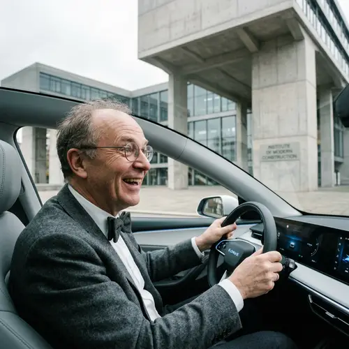 European Modernist Architect Behind Wheel of Futuristic Electric Sedan Car
