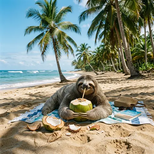 Sloth Relaxing on a Tropical Beach with Coconut