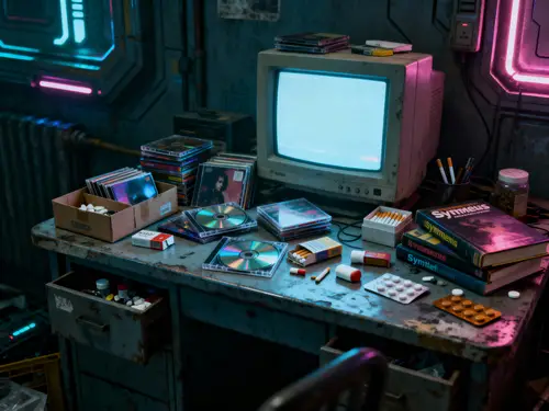 Old Futuristic Room: Disarray of CDs & Tech