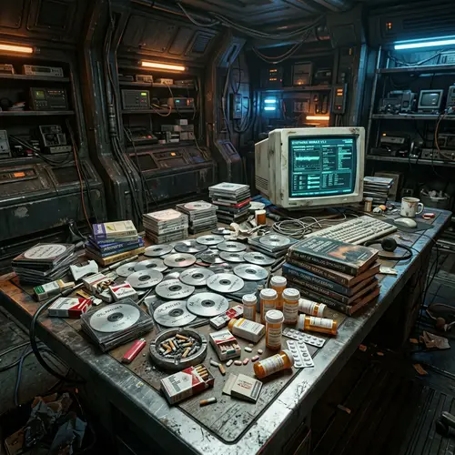 Old Futuristic Room: Disarray of CDs & Tech