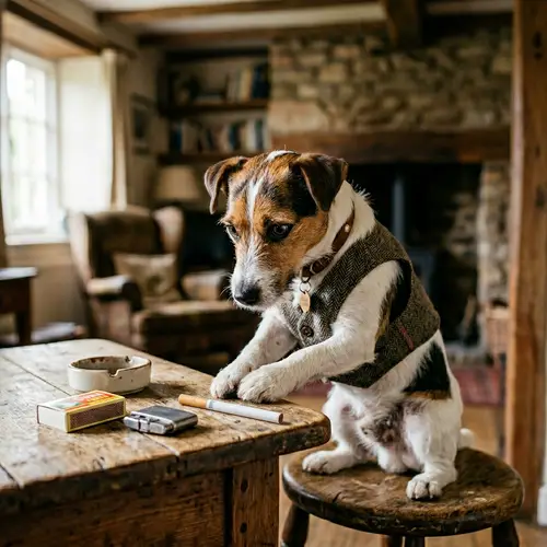 Jack Russell Terrier in Anthropomorphic Pose Investigating Unlit Cigarette