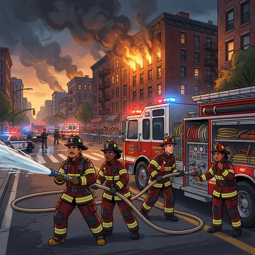 Brave Firefighters Battle Blaze in City Scene Animation