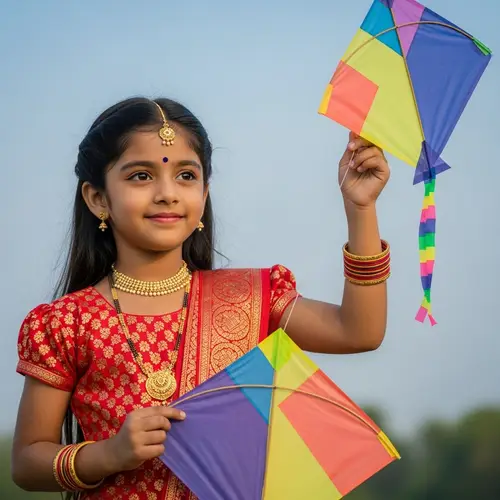 Young Indian Girl in Traditional Attire Flying Colorful Kite