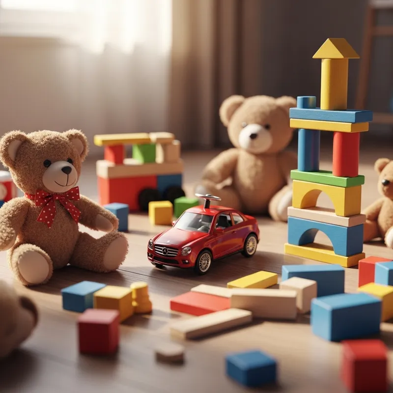 Fun Kids Toys Scene with Stuffed Animals and Blocks