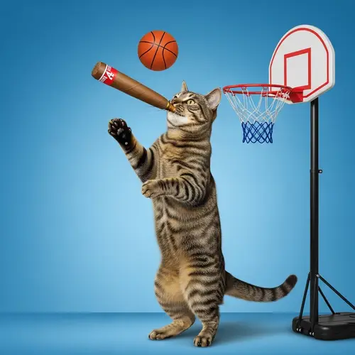 Playful Cat Dunking Basketball - Amusing Cigar Scene