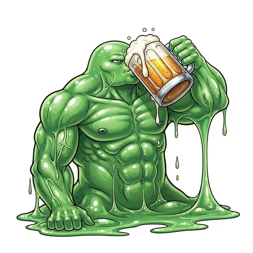 Robust Green Slime Creature Drinking Frothy Beer