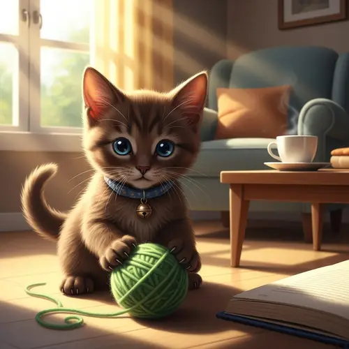 Young Brown Kitten Playing with Green Wool in Cozy Room