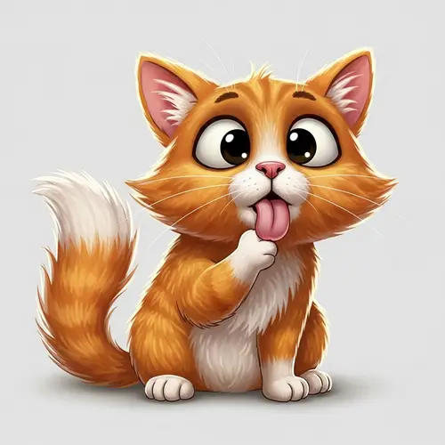 Playful Cartoon Cat Licking Paw | Cute Orange Feline Character