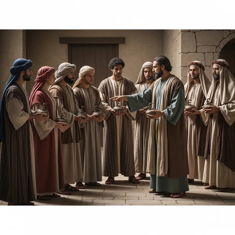 Ten Servants Holding Ten Pounds - Biblical Scene from Luke 19:13