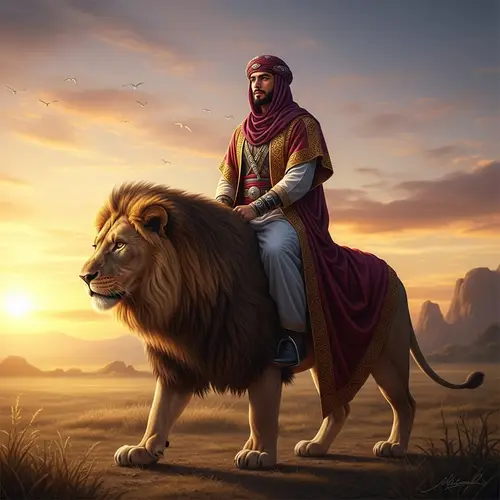 Middle Eastern Man Riding Lion - Traditional Garments
