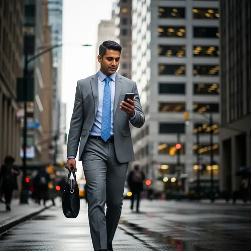 South Asian Businessman in Gray Suit and Blue Tie with Briefcase and Smartphone
