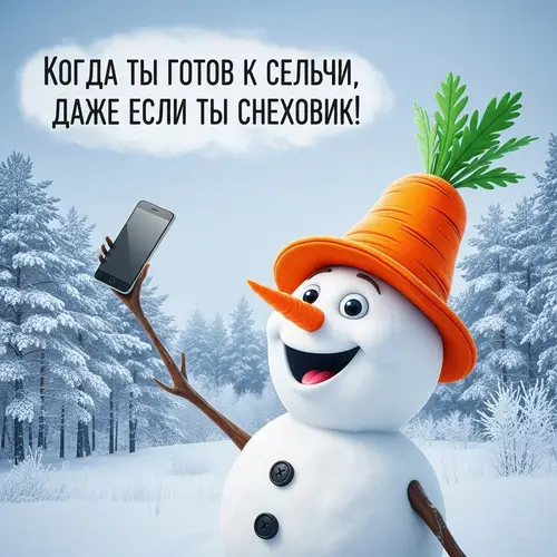 Snowman Selfie: Fun Winter Snapshot in Snowy Landscape