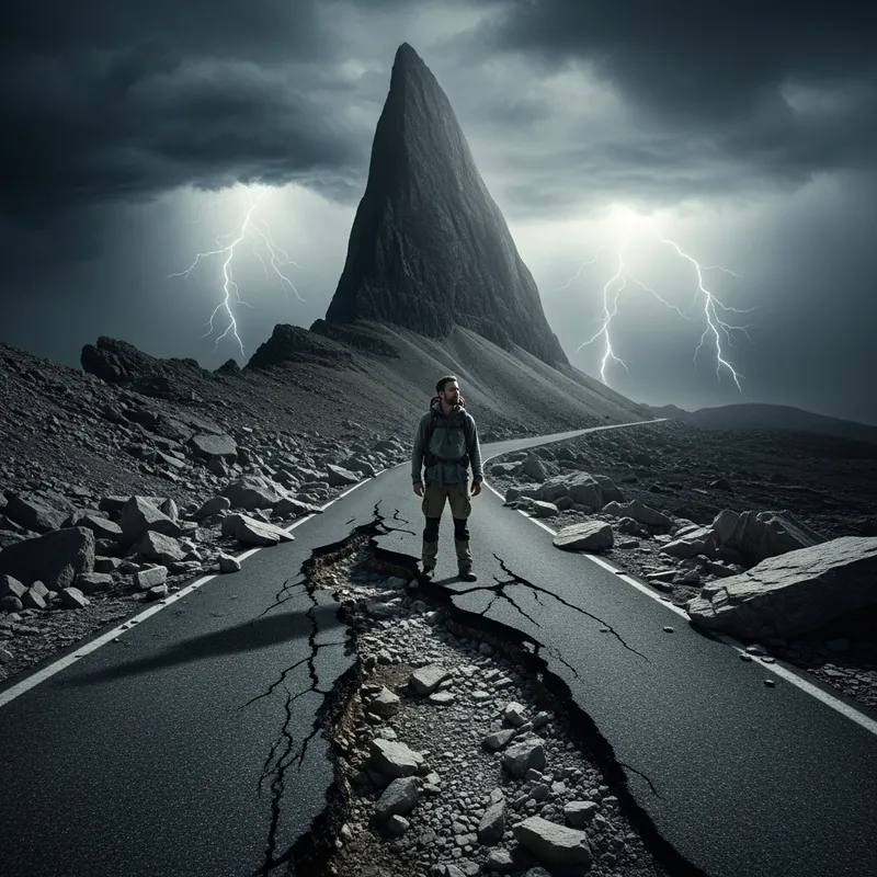 Man on Edge of Perilous Road with Jagged Rock Formation