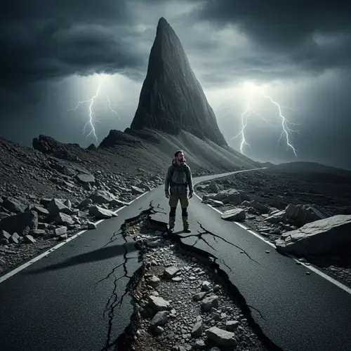 Hyper-Realistic Man Standing on Dangerous Road Artwork