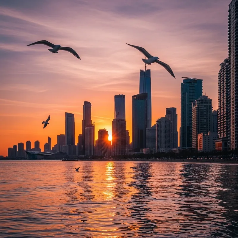 Spectacular Sunset Cityscape Over Sparkling Sea
