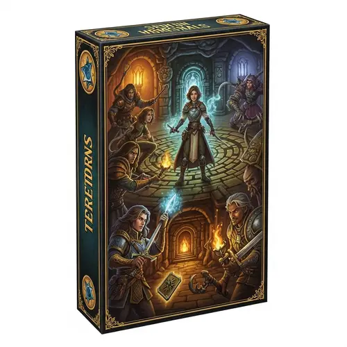 Fantasy Game Box Cover with Brave Heroes and Terrifying Creatures