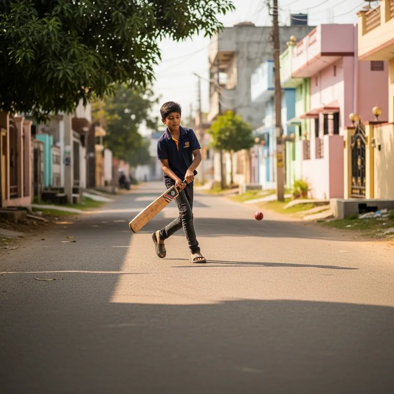 Young Cricket Player Enjoying Game in Urban Setting Young Cricket Player Enjoying Game in Urban Setting