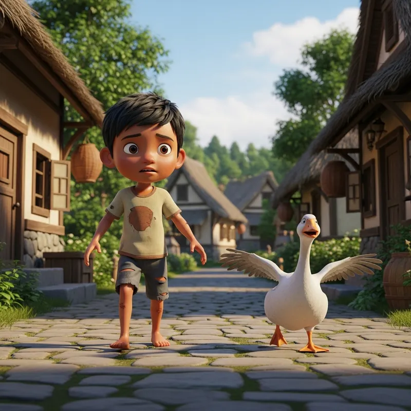 HD Photo: Young Child in Ripped Shirt Chased by Goose in Rural Setting HD Photo: Young Child in Ripped Shirt Chased by Goose in Rural Setting