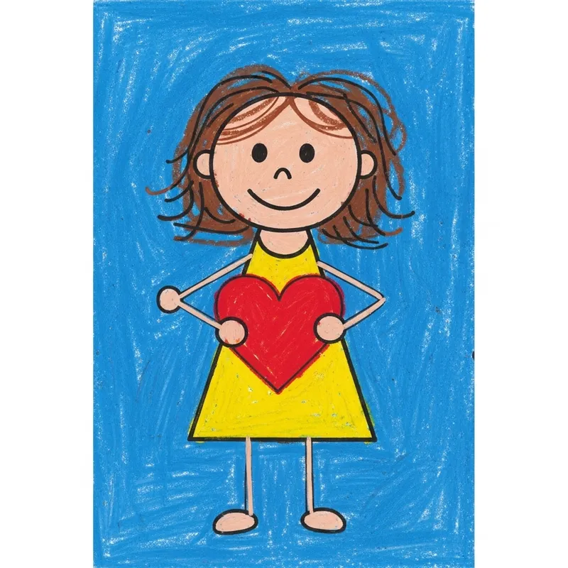 Child's Drawing of Girl Holding Heart in Vivid Colors