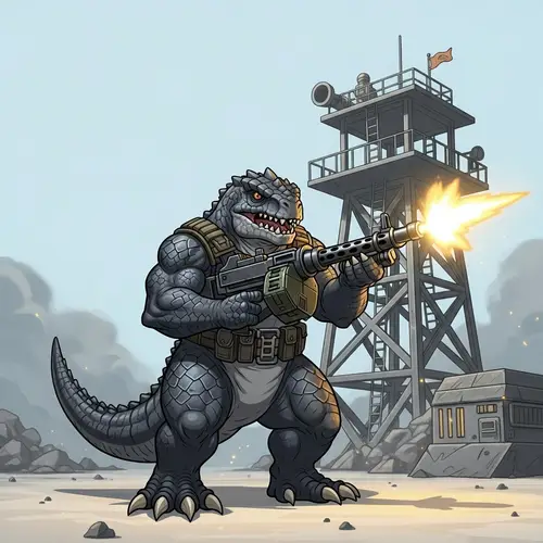 Godzilla in cartoon style with a machine gun in his hands shoots at MAG