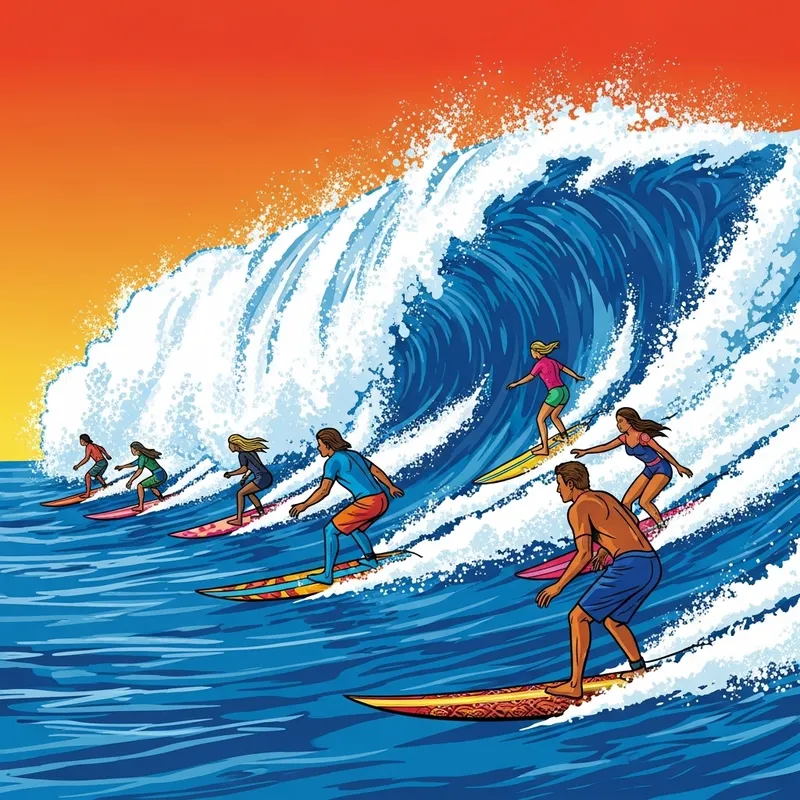 Dynamic Surfers Ride Perfect Wave | Colorful Pop Art Dynamic Surfers Ride Perfect Wave | Colorful Pop Art