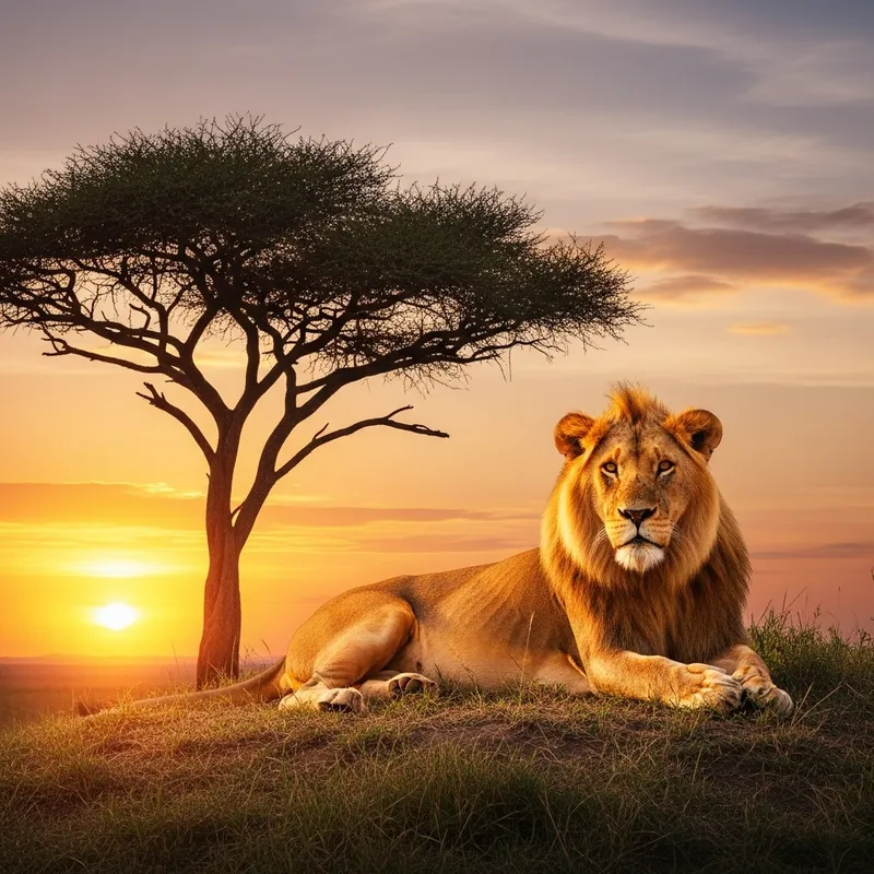 Majestic Lion in African Savannah - Captivating Sunset View