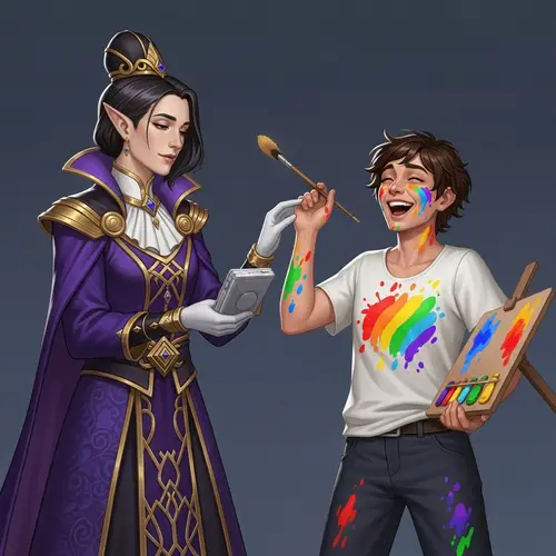 Fantasy Characters in Royal Purple and Rainbow Splatters Gaming Together
