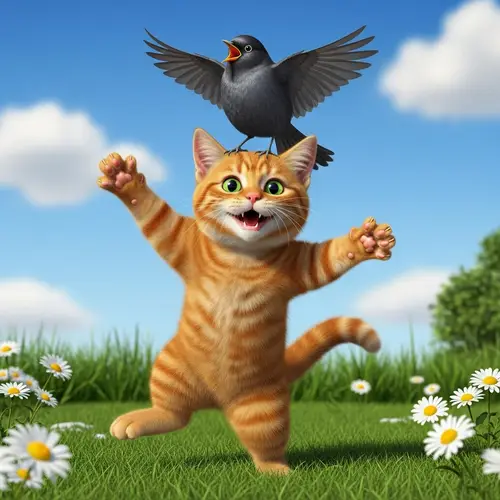 Joyful Orange Tabby Cat Dancing with a Bird in a Garden Scene