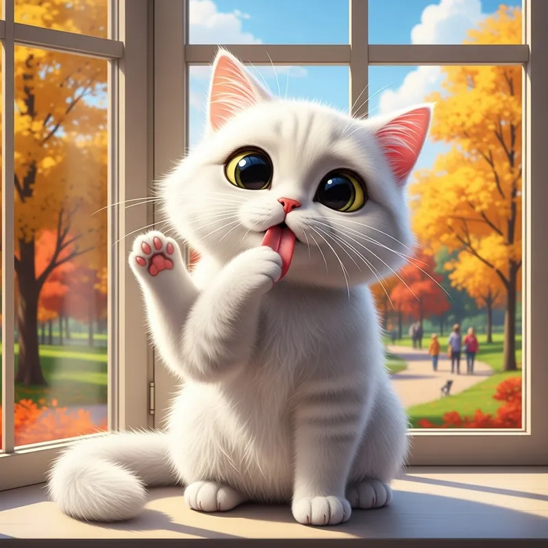 Cute White Furry Cartoon Cat Grooming in Bay Window