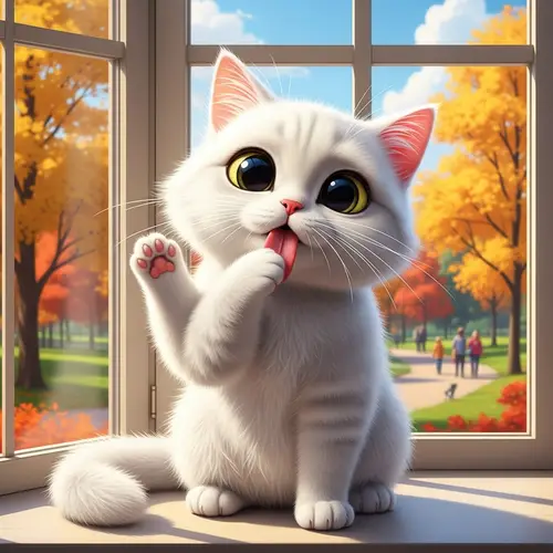 Adorable White Cartoon Cat Grooming | Bay Window View