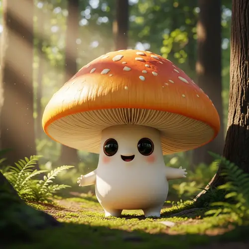 Adorable Mushroom with Big Eyes in Beautiful Forest Scene