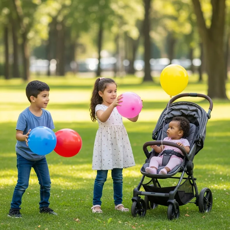 Siblings Play in Park with Balloons - Joyful Outdoor Activity