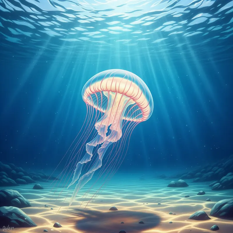 Ethereal Underwater Scene with Iridescent Jellyfish Ethereal Underwater Scene with Iridescent Jellyfish