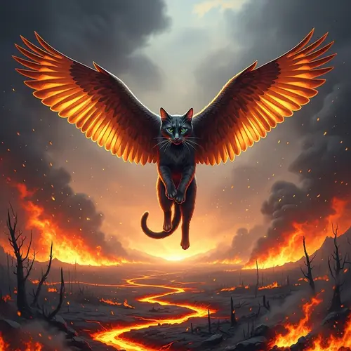 Winged Cat Flying Above Fire - Mythical Creature Image