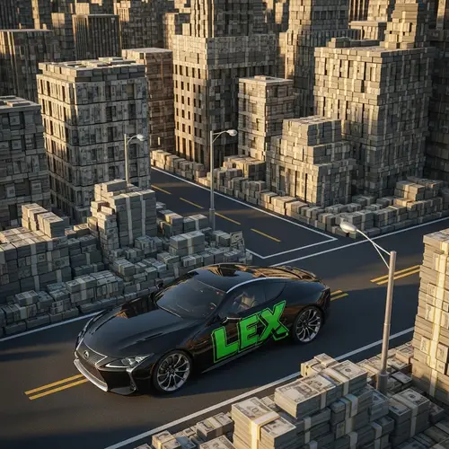Luxury Lexus Car Driving Through Money Cityscape