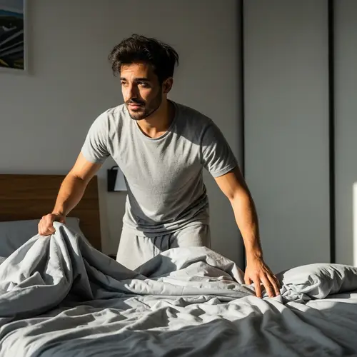 Charming Morning Scene of a Young Hispanic Man in Modern Bedroom