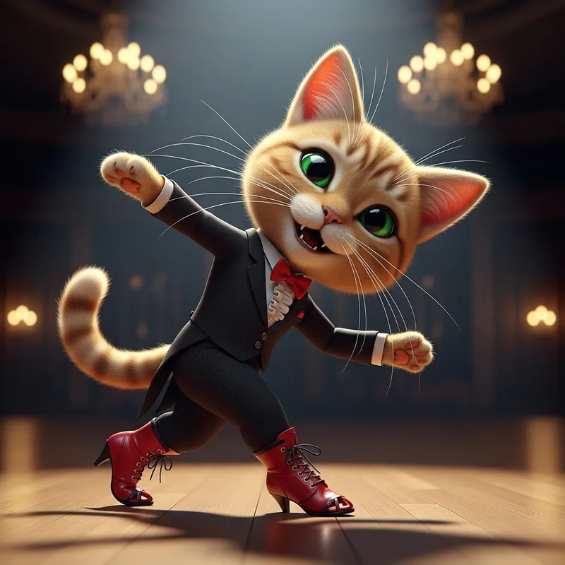 Spirited Tango-Dancing Cat in Red Boots