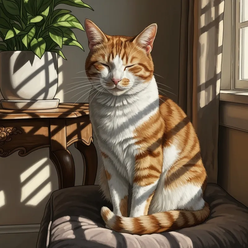 Cute Orange and White Cat Relaxing on Plush Cushion