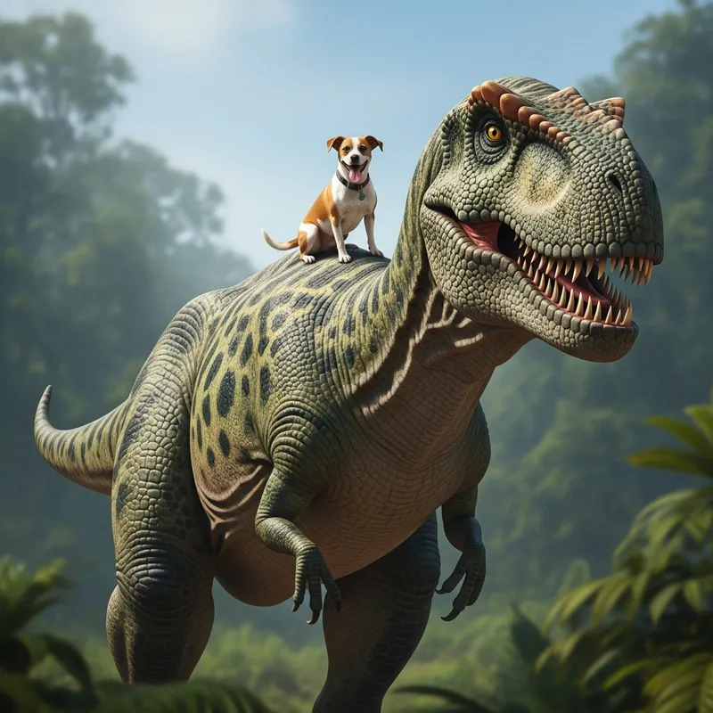 Adorable Dog Standing on Dinosaur's Shoulder
