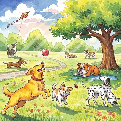 Playful Dogs in Park - Watercolor Painting