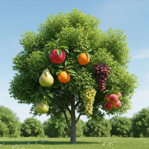 Unique Fruit Tree: Apple, Pear, Orange, Grapes, and Peaches