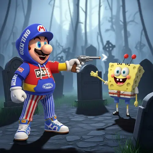 Plumber vs Sponge Cartoon in Gothic Cemetery Scene