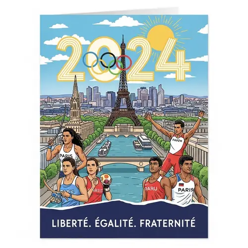 2024 Paris Olympics Greeting Card with Eiffel Tower & Athletes