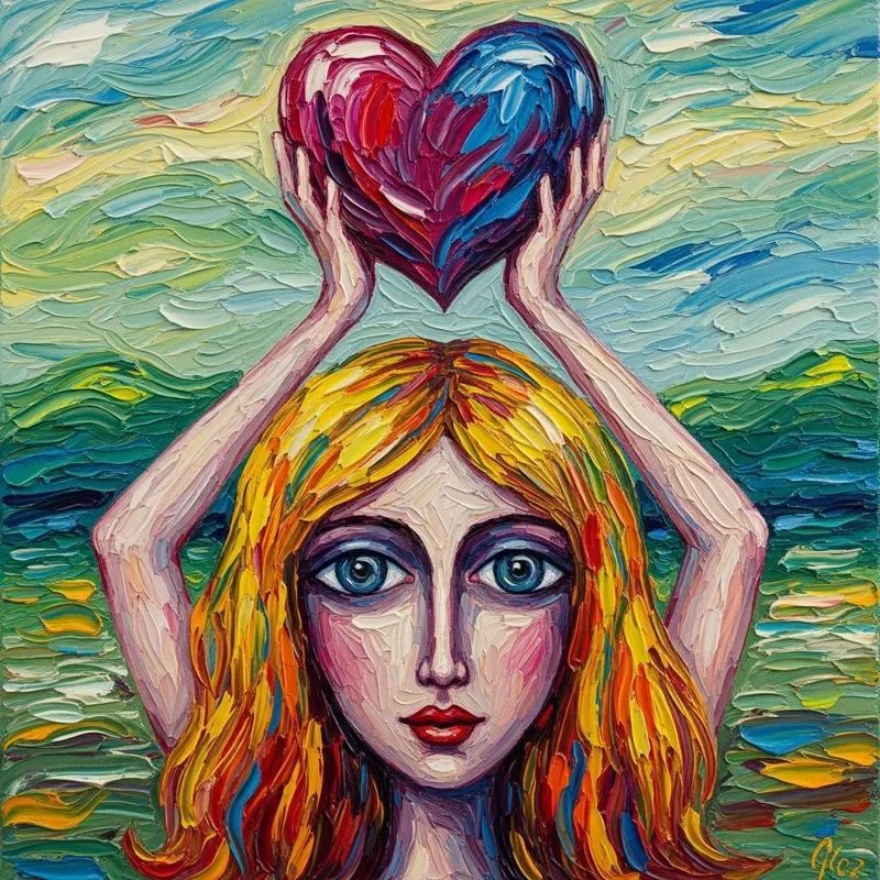 Vividly Colored Girl Holding Heart - Artistic Image