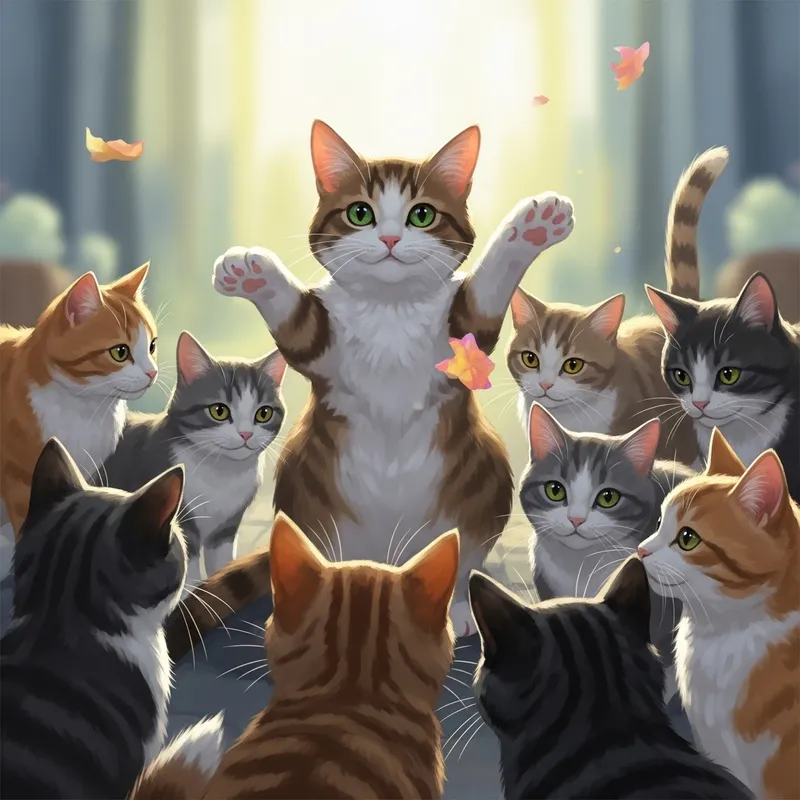 Enchanting Playful Cat and Curious Feline Companions Scene