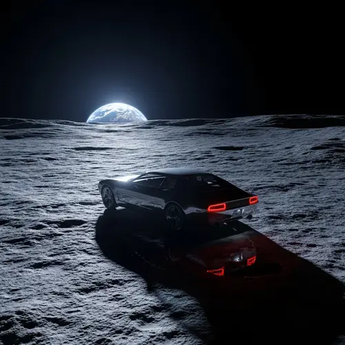 Futuristic Car on Moon: Surreal Scene with Earth's Reflection